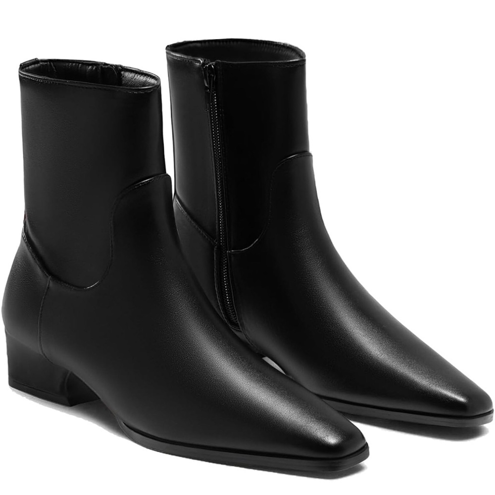 Black Women’s Ankle Boots Low Heel Square Pointed Toe Booties w/ Side Zipper